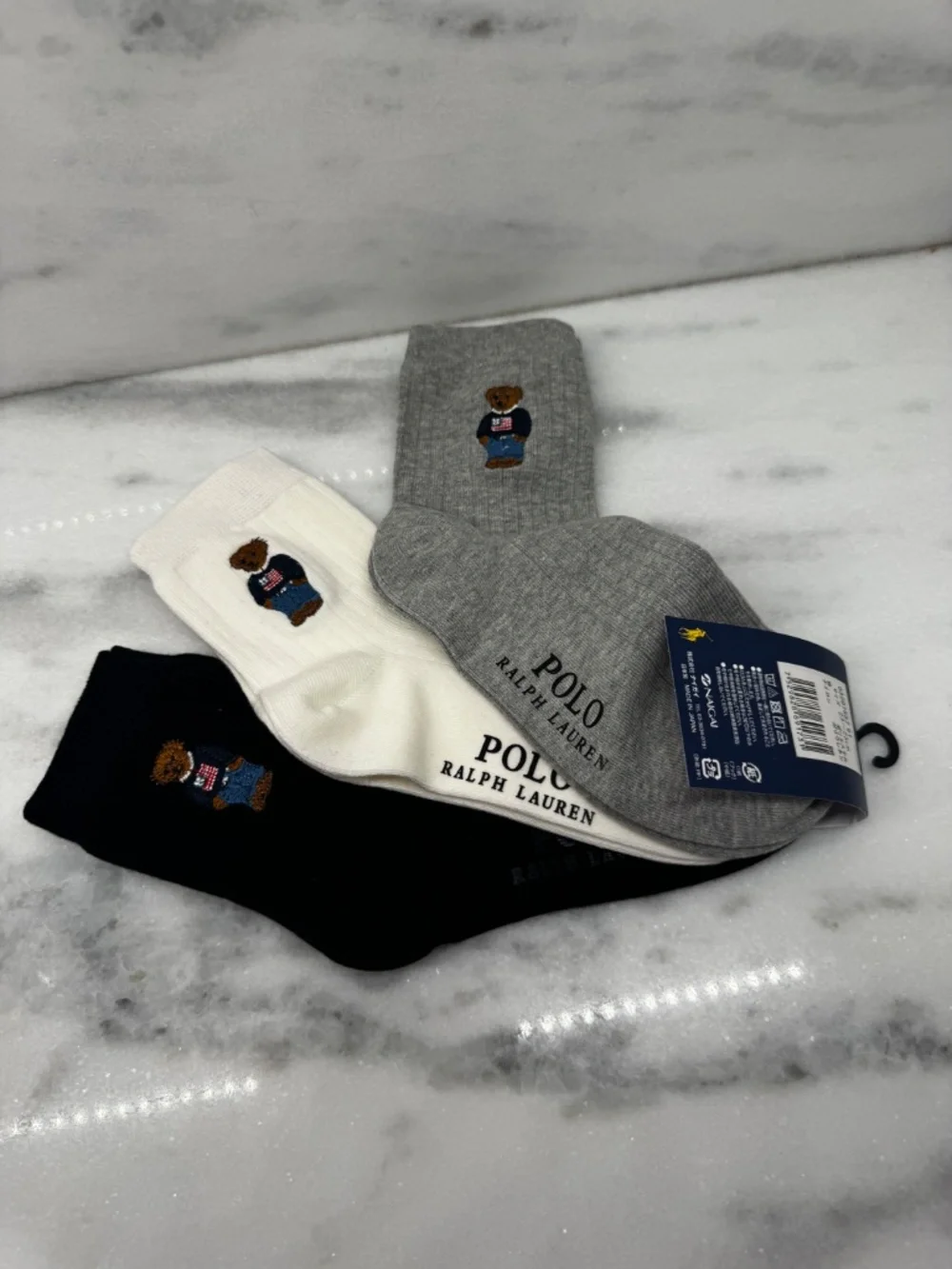 Polo Ralph Lauren 3 pack Ladies Rib Knit Bear Socks with American Flag.